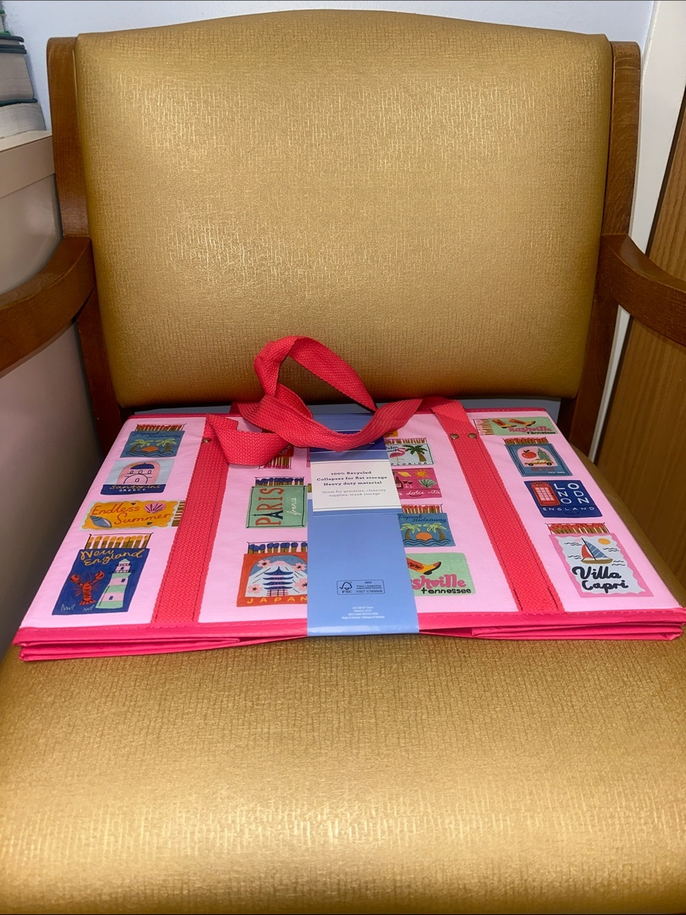 Travel Matches Pink Multi Around the World Collapsible BOX TOTE Heavy Duty 55lb - Picture 7 of 10